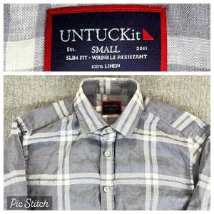 UNTUCKit 100% linen‎ Dress Shirt Men Small Gray Plaid Long Sleeve Slim Fit
